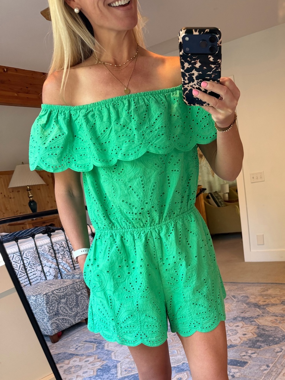 Aqua Green Eyelet Off-Shoulder Romper, Size M, like new!